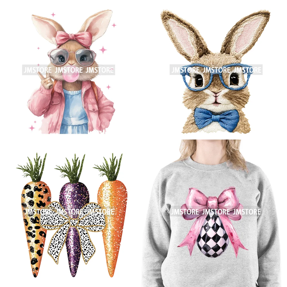 Cute Blowing Bubble Bunny Coquette Preppy Easter Eggs Carrot Iron On DTF Heat Transfer Stickers Ready To Press For T-shirts Bags