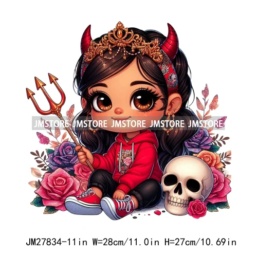 Chibi Cute Halloween Devil Latina Baby Hispanic Girls Skull Red Rose DTF Iron On Transfer Stickers Ready To Press For Sweatshirt