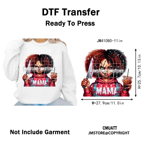 Horror Afro Mama Coffee Lover Scary Girly Killer Halloween Movie Iron on DTF Transfers Stickers Ready to Press for Textile Bags