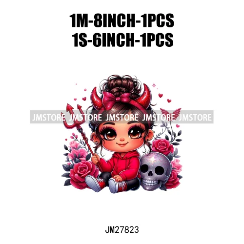 Chibi Cute Halloween Devil Latina Baby Hispanic Girls Skull Red Rose DTF Iron On Transfer Stickers Ready To Press For Sweatshirt