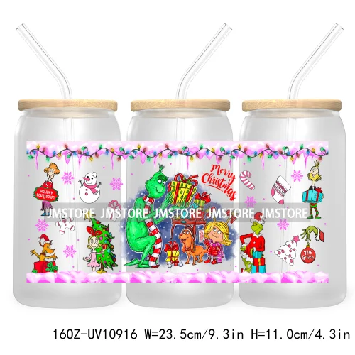 Retro Christmas Mean Guy UV DTF Cup Wrap For Libbey Glass Can Transfer Stickers Waterproof Custom Labels Merry Greenmas Xmas