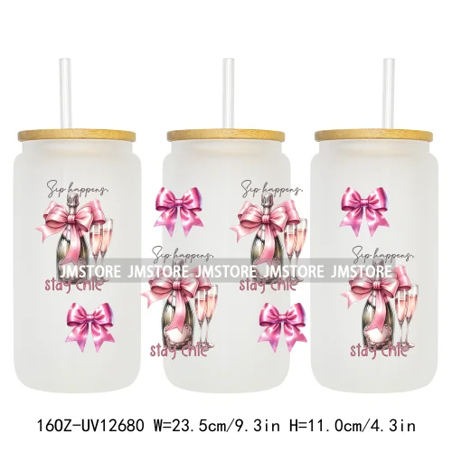 Iced Coffee Girly Pink Cherry Coquette Bow UV DTF Sticker For 16OZ Libbey Glass Cup Can Wrap Transfer Stickers Custom Labels