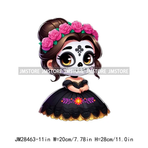 New Day Of The Dead La Catrina Dresses Girls Skull Flower Iron On DTF Transfers Stickers Ready To Press For Sweatshirt Bags