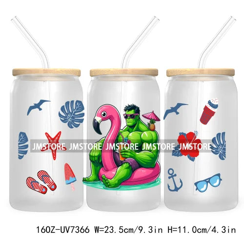 Hero Cartoon Summer Vacation 16OZ UV DTF Cup Wrap Transfers Stickers Custom Labels Durable Waterproof Logo For Libbey Glass Can