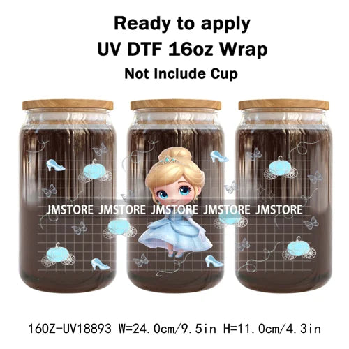 Baby Princess Cartoon Flowers Butterfly 16OZ UV DTF Cup Wraps Ready To Apply Waterproof Transfer Stickers For Libbey Glass Can