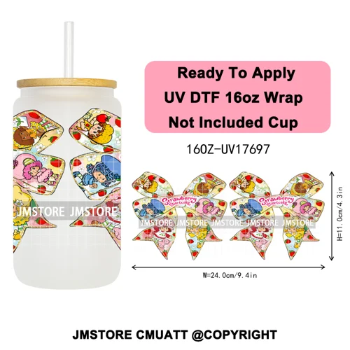 90s Cartoon Strawberry Characters Coquette Bow 16OZ UV DTF Cup Wraps Ready To Apply Transfer Stickers For Libbey Glass Can Mugs