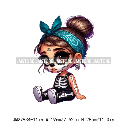 Halloween Skeleton Latina Baby Chibi Hispanic Girls Spooky Season DTF Iron On Transfers Stickers Ready To Press For Clothing