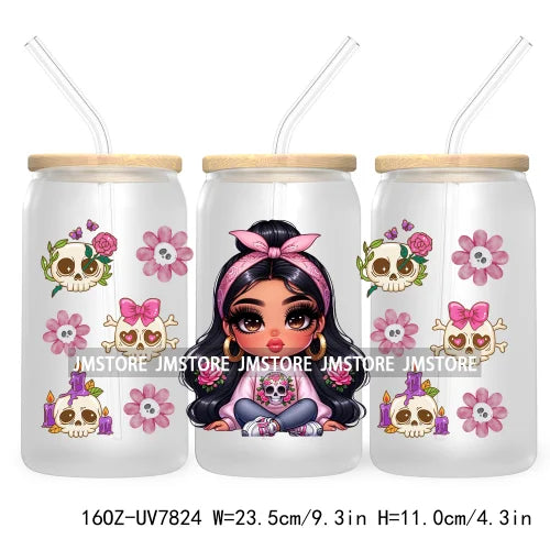 Cute Chibi Mexican Latina Baby Girl 16OZ UV DTF Cup Wrap Transfers Stickers For Libbey Glass Can Cups Tumbler Waterproof Skulls