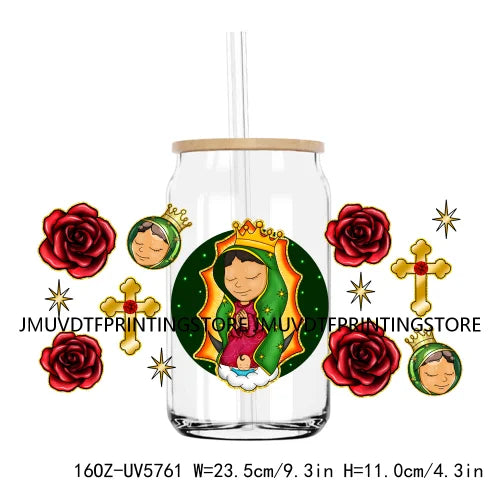 Mexican Lady With Rose Religious 16OZ UV DTF Cup Wrap Transfer Sticker Custom Label Durable Waterproof Logo For Libbey Glass Can