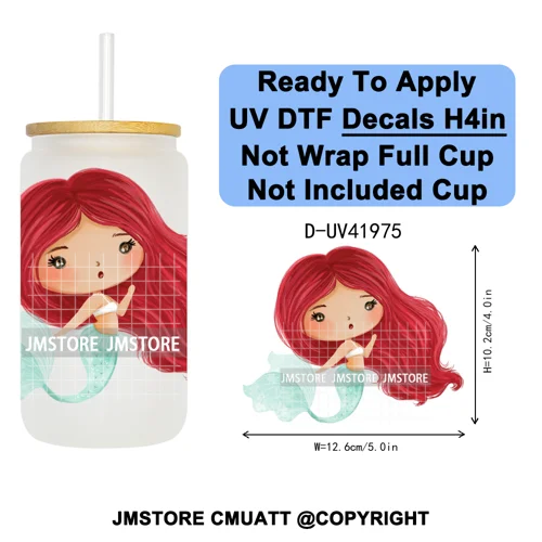 Cute Little Mermaid Cartoon Princess Festive UV DTF Transfer Stickers Decals Ready To Apply Waterproof For 16OZ Libbey Glass Can
