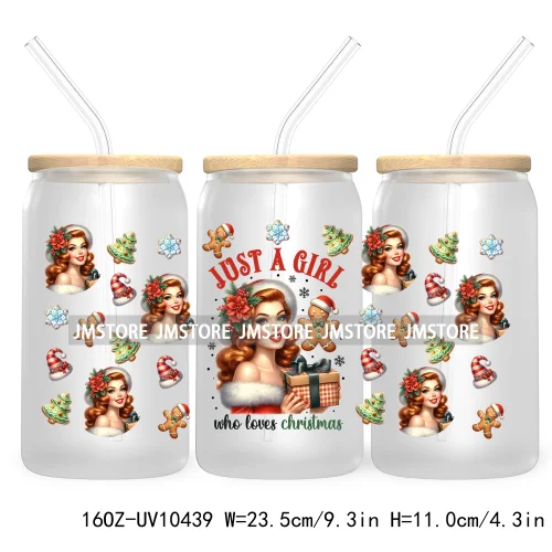 Merry Mama Social Club UV DTF Cup Wraps Transfers Sticker For 16OZ Libbey Glass Can Holiday Christmas Santa Tree Coquette Bow