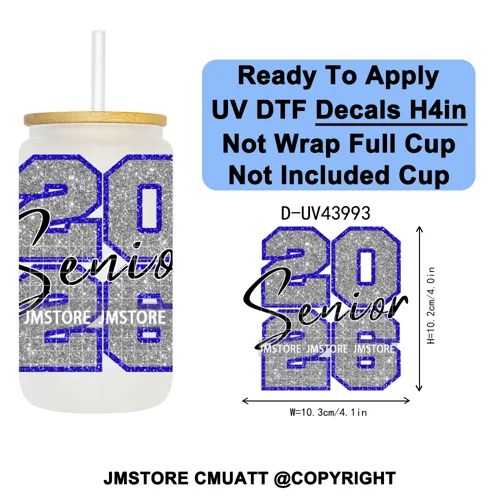 Faux Glitter Senior 2026 School UV DTF Decals Ready To Apply Waterproof Transfer Stickers DIY Crafts For 16OZ Libbey Glass Can