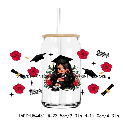 Chicano Graduation 2024 UV DTF Sticker For 16OZ Libbey Glass Cup Can Senior Girls Wrap Transfer Sticker Custom Labels DIY Logo