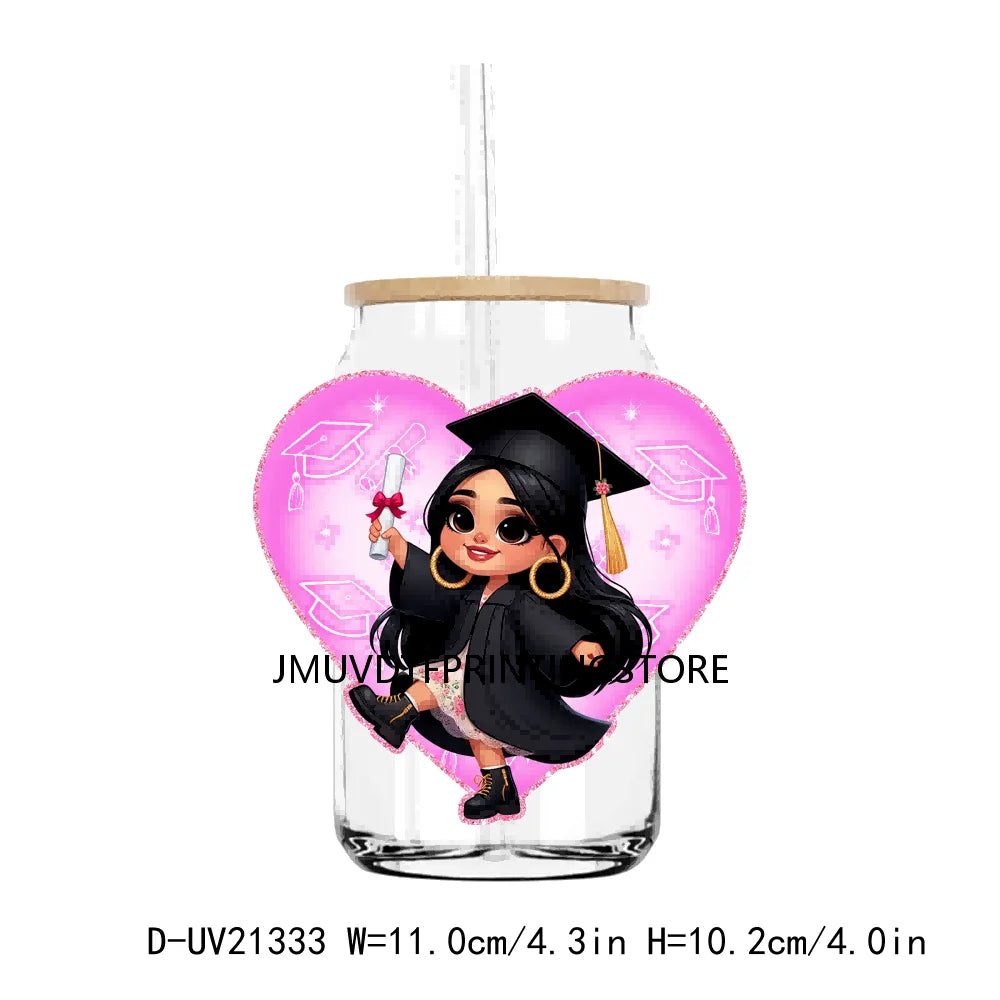 Chicano Graduation Chibi UV DTF Transfer Stickers Decals For Libbey Cold Cups Mugs Tumbler Waterproof Logo Educated Latina Girl