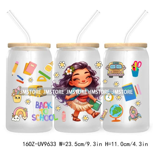 Back To School Cartoon Princess 16OZ UV Cup Wrap DTF Transfer Sticker For Libbey Glass Can Cups Tumbler Waterproof Label Teacher