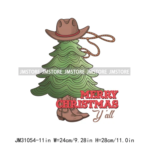 Funny Retro Western Merry Bright Country Christmas Cowgirl Howdy Tree Iron On DTF Transfers Stickers Ready To Press For Hoodies