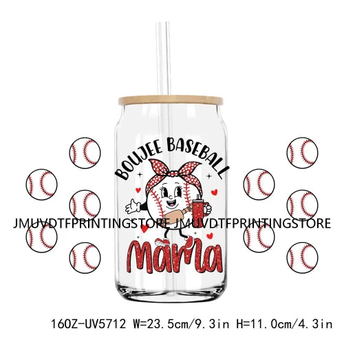 Glitter Boujee Baseball Mama UV DTF Sticker For 16OZ Libbey Glass Cup Can Wrap Transfer Sticker Custom DIY Logo Soccer Sport Mom