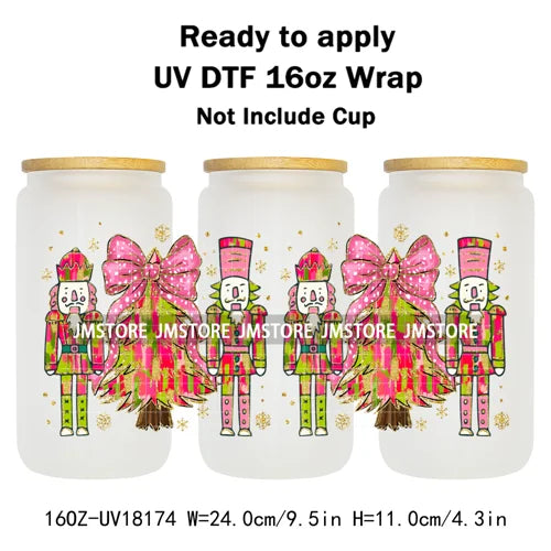 Faux Glitter Preppy Nutcracker Christmas UV DTF Cup Wrap Ready To Apply Transfer Sticker 16OZ Tumbler Wraps For Libbey Glass Can