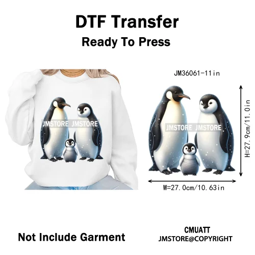 Cute Animal Penguins Coquette Hat Family Mom Father Baby Lovers Iron on DTF Heat Transfer Stickers Ready to Press for Hoodies