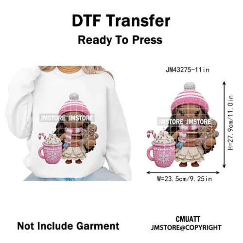 Faux Yarn Pink Hot Cocoa Cartoon Character Santa Cozy Christmas Iron on  DTF Transfers Stickers Ready to Press for T-shirts Bags