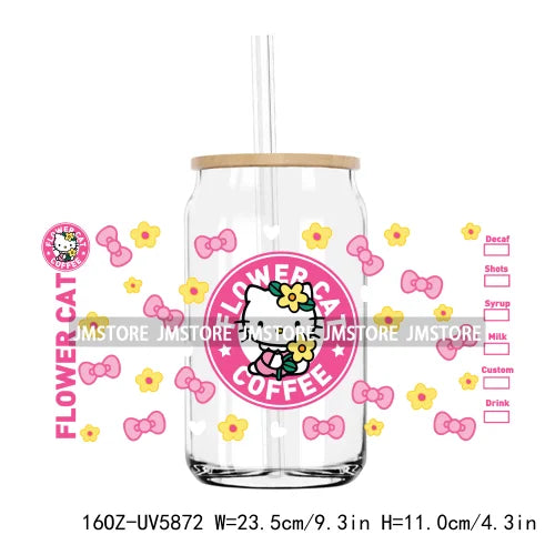 Flower Cartoon Cat With Pink Bow 16OZ UV DTF Cup Wrap Transfer Sticker Custom Label Durable Waterproof Logo For Libbey Glass Can