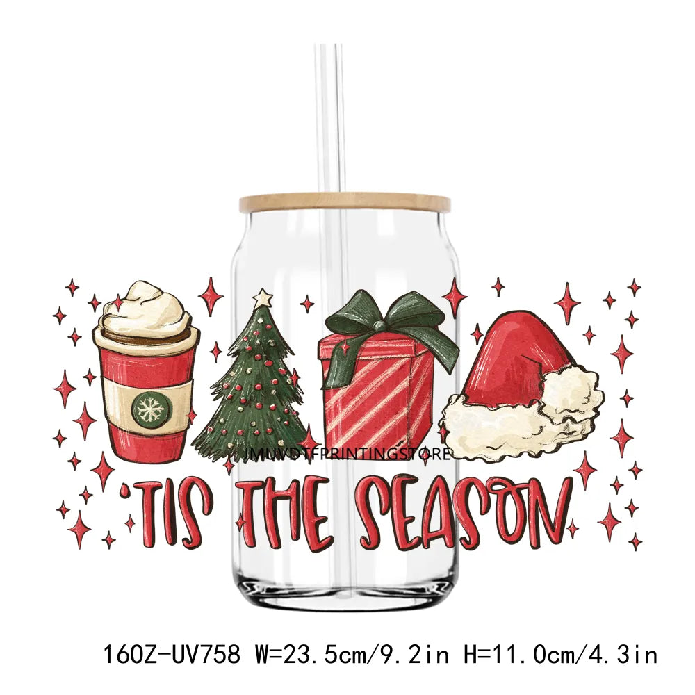 Christmas Coffee Santa 16OZ UV DTF Cup Wrap Transfers Stickers Custom Labels DIY Durable Waterproof Logo For Libbey Glass Can