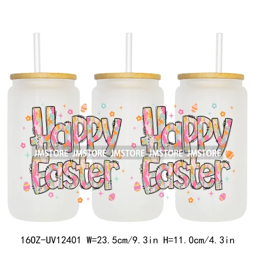 He Is Risen Christian Easter 16OZ UV Cup Wrap DTF Transfer Stickers For Libbey Glass Can Cups Tumbler Girly Happy Easter Bunny