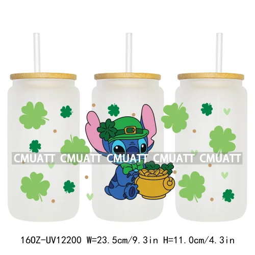 Cartoon St Patricks' Day Lucky Shamrock Animals 16OZ UV DTF Cup Wrap Sticker Custom Label Waterproof Logo For Libbey Glass Can