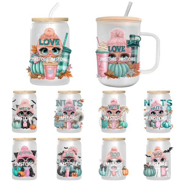 Girly Halloween Ghost Pumpkin Coffee Lover UV DTF Transfer Stickers Decals Ready To Apply Waterproof For 16OZ Libbey Glass Can