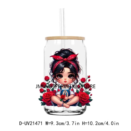 Chibi Cute Chicana Doll With Rose UV DTF Transfers Stickers Decals For Libbey Cold Cups Mugs Tumbler Mexico Waterproof DIY Logo