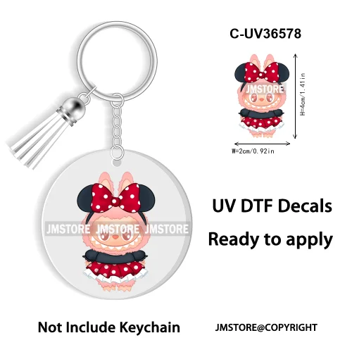 Coquette Bow Cartoon Monsters Doll In Costume Decal Round Keychain Ready To Apply UV DTF Transfer Stickers For Circle Keychain