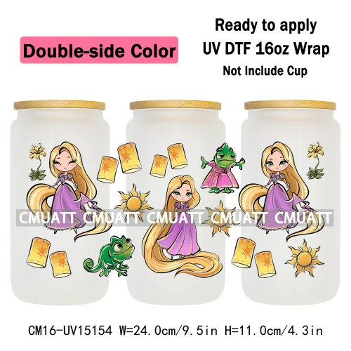 Double Sided Color UV DTF Cup Wraps 16OZ Bulk Waterproof Wholesale Custom Cartoon Cute Princess Mug Glass Water Bottles Sticker