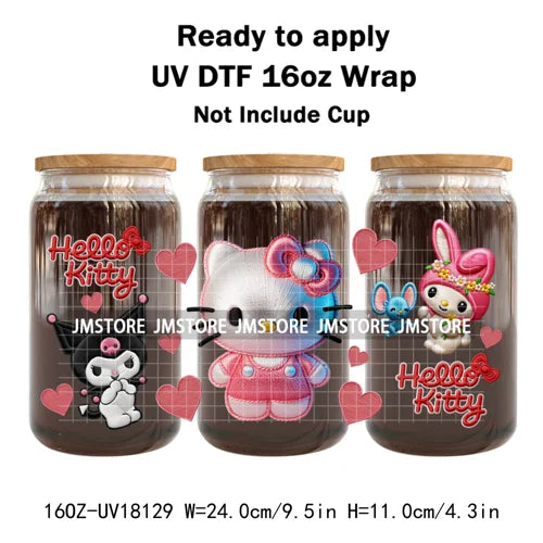Faux Embroidery Floral Cartoon Characters UV DTF Stickers Ready To Apply Cup Wraps Waterproof For 16OZ Libbey Glass Can Tumbler
