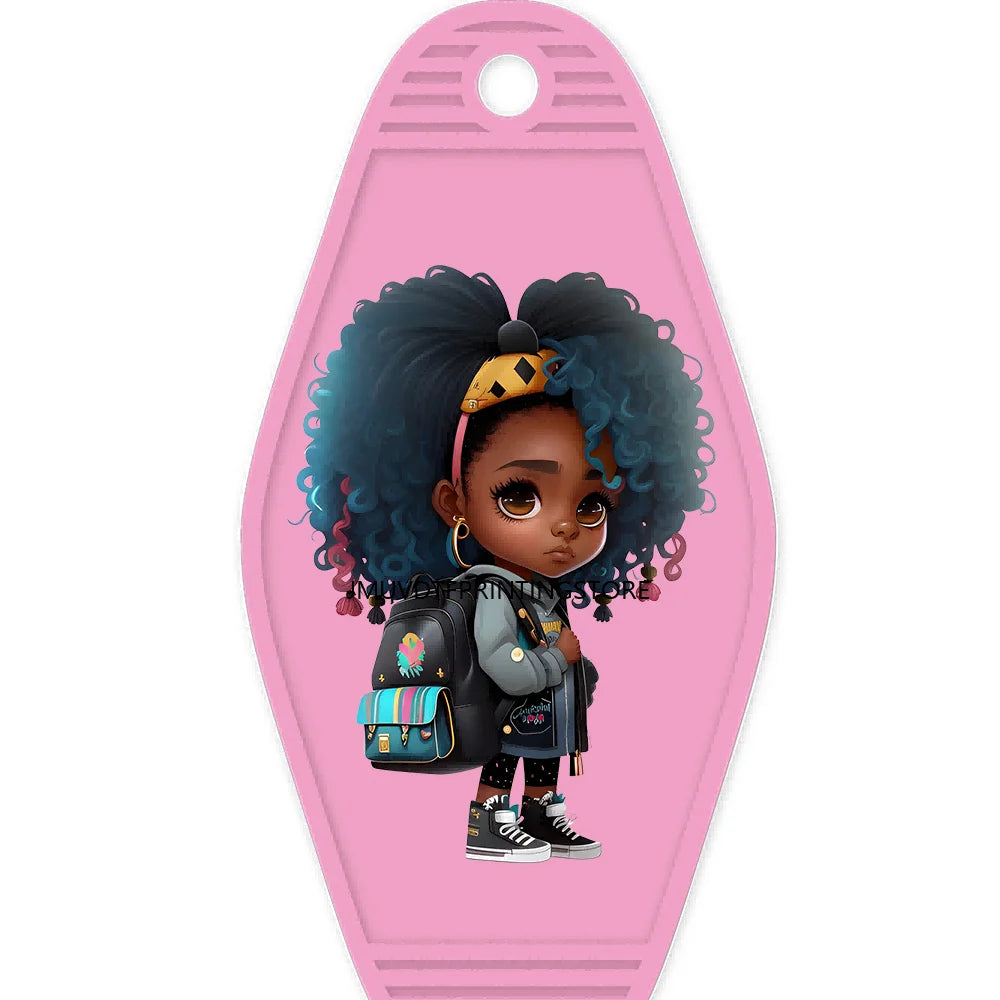 School Melanin Black Girls With Luggage High Quality WaterProof UV DTF Sticker For Motel Hotel Keychain Afro Children