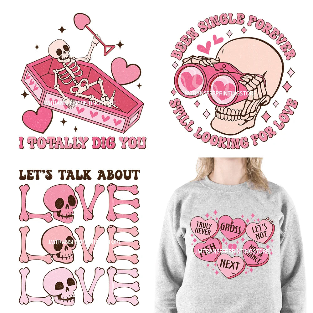 Pink Retro Skeleton Anti Valentine Club Talk About Love Dead Inside But It's Valentine's Skull DTF Transfer Stickers For Shirts