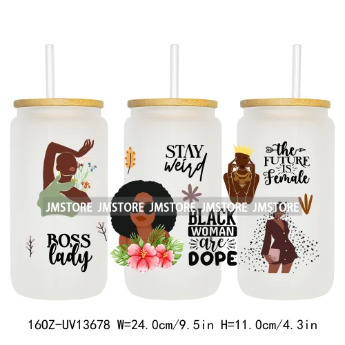 Lady Girl Power Black Woman Affirmations UV DTF Wraps Transfer Sticker Waterproof High Quality For 16OZ Libbey Glass Can Tumbler