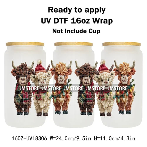 Faux Crochet Yarn Christmas Highland Cow 16OZ UV DTF Cup Wraps Ready To Apply Waterproof Transfer Stickers For Libbey Glass Can