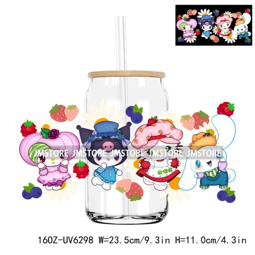 Cute Cartoon Cat Strawberry 16OZ UV DTF Cup Wrap Transfers Stickers Custom Labels Durable Waterproof Logo For Libbey Glass Can