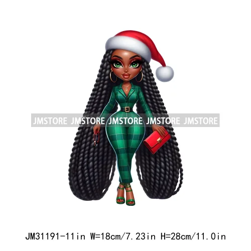 Fashion Santa Afro Black Woman Merry Christmas Girly Winter Iron On DTF Transfers Stickers Printing Ready To Press For Clothing