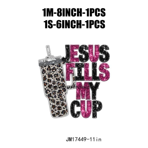 Cozy Season Santa Baby Merry Christmas Vibes New Year Designs Jesus Fills Up My Cup DTF Faux Sequin Transfer Sticker For Clothes