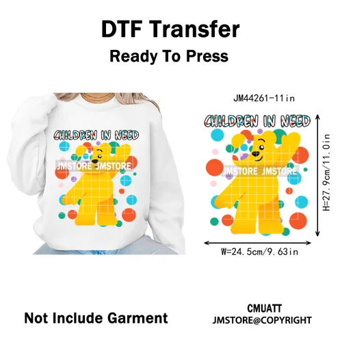 Cute Cartoon Bear Children in Need Charity Raising Kids Iron on Washable DTF Heat Transfers Stickers Ready to Press for Textiles