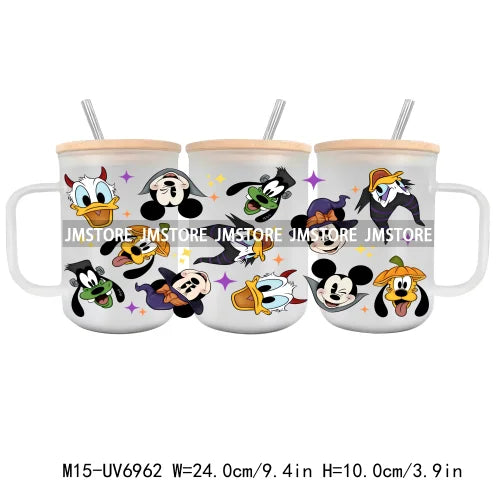 Horror Halloween Cartoon Scary Movie UV DTF Glass Can Wrap For 15OZ Mug Coffee Cup Transfer Sticker DIY Custom Logo Labels Skull