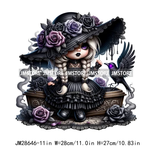 Gothic Girl Gnomes Halloween Witch Dolls Black Flowers Horror Vibes Iron On DTF Transfers Stickers Ready To Press For Clothing