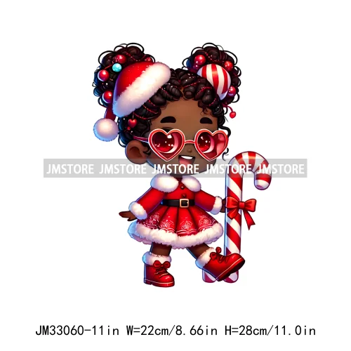 Chibi Candy Santa Girl African American Characters Merry Christmas Gift Iron On DTF Transfer Stickers Ready To Press For Clothes