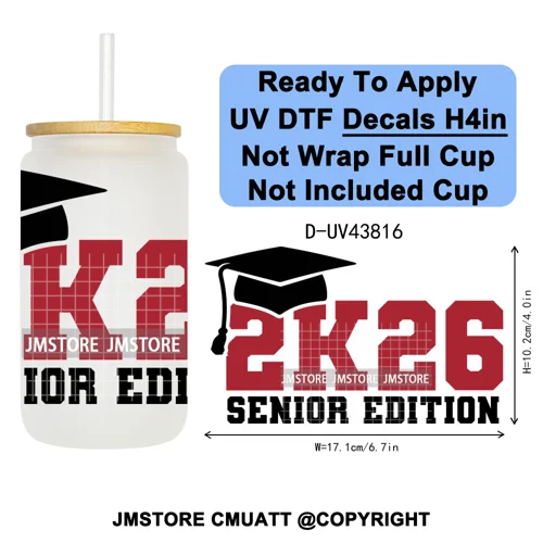 Fresh Class Of 2026 Senior Edition UV DTF Decals Ready To Apply Waterproof Transfer Stickers DIY Craft For 16OZ Libbey Glass Can