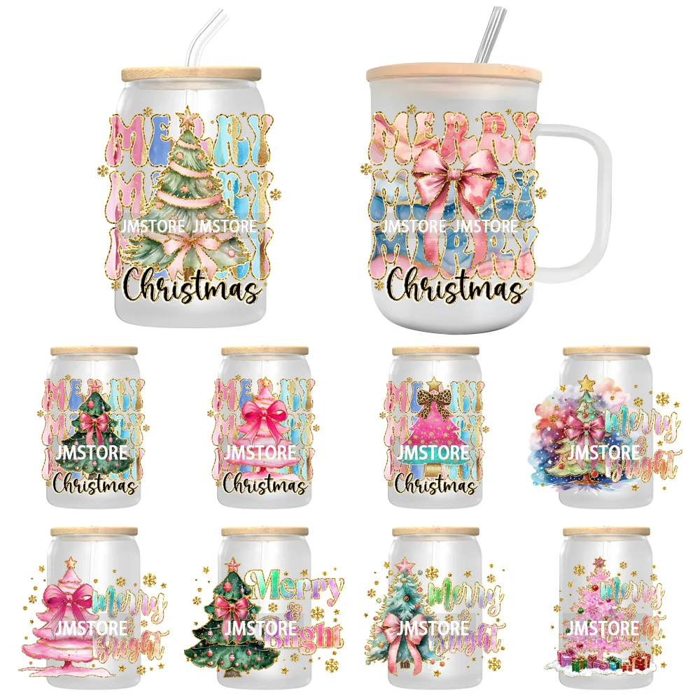 Merry Bright Coquette Bow Glitter Christmas Tree Girly UV DTF Transfer Stickers Decals For Libbey Cold Cup Mug Tumbler Durable