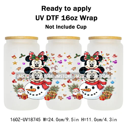 Cartoon Character Snowman Christmas 16OZ UV DTF Cup Wraps Ready To Apply Waterproof Transfer Sticker For Libbey Glass Can Bottle