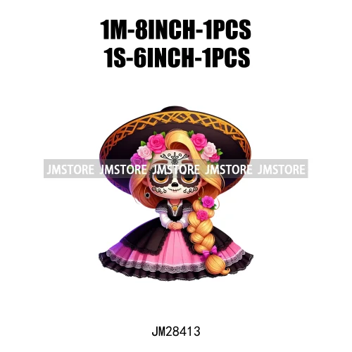 Colorful Day Of The Dead Catrina Princess Baby Girl Sombrero Hat Mexico Conchas Iron On DTF Heat Transfers Stickers For Clothing