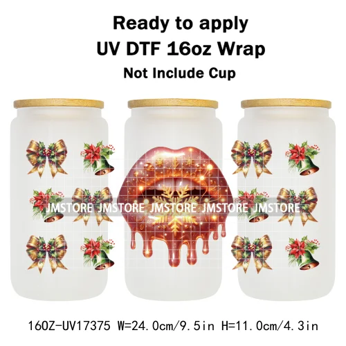 Colorful Christmas Lips Holiday Gifts Xmas Balls UV DTF Wraps Transfer Sticker Waterproof Logo For 16OZ Libbey Glass Can Tumbler