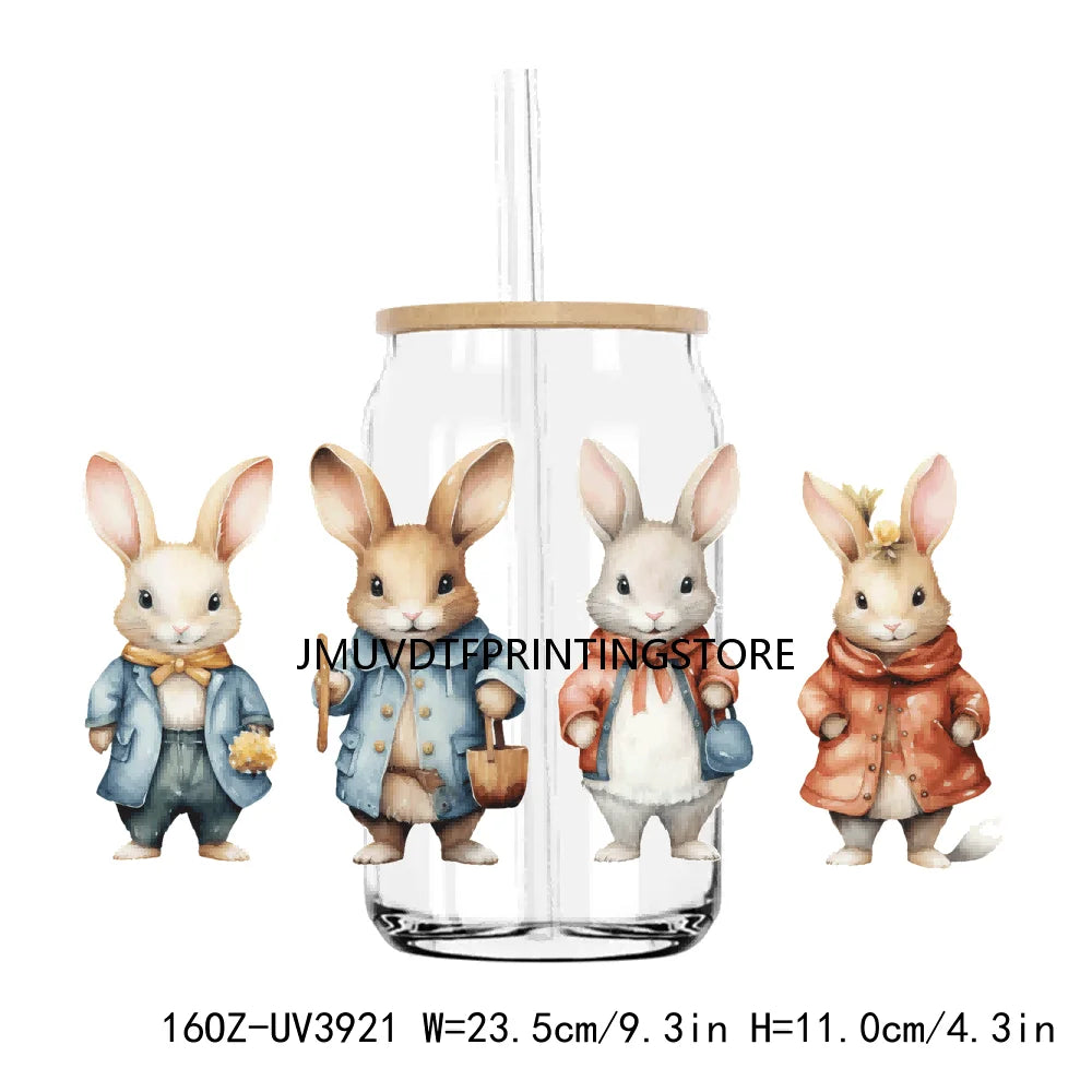 Cute Easter Bunny Rabbit With Flower 16OZ UV DTF Cup Wrap Transfer Sticker Custom Label DIY Waterproof Logo For Libbey Glass Can